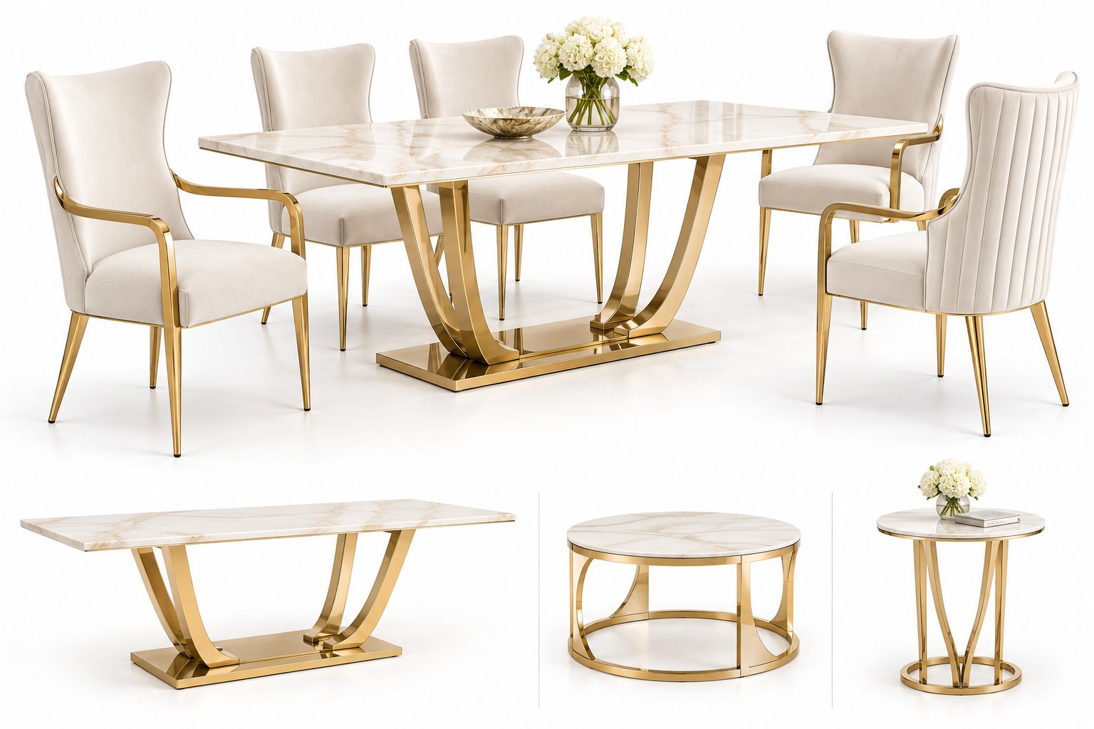 Curved gold dining series: stone-top dining table with curved gold pedestal, cream wing-back armchairs and side chairs, coffee table and side table
