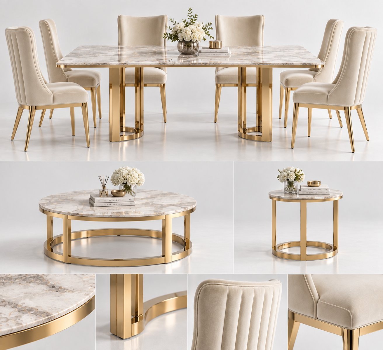Fluted dining series: stone-top dining table with cream channel-tufted chairs, coffee table, side table and detail views